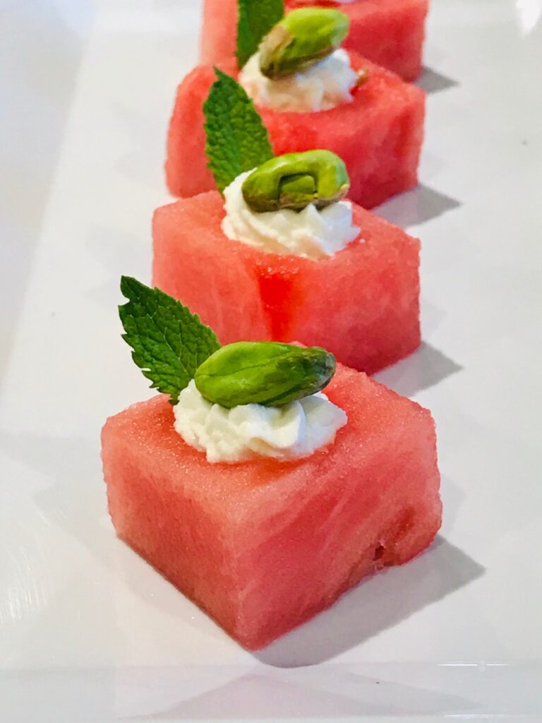 Watermelon Cube with Feta and Pistachio